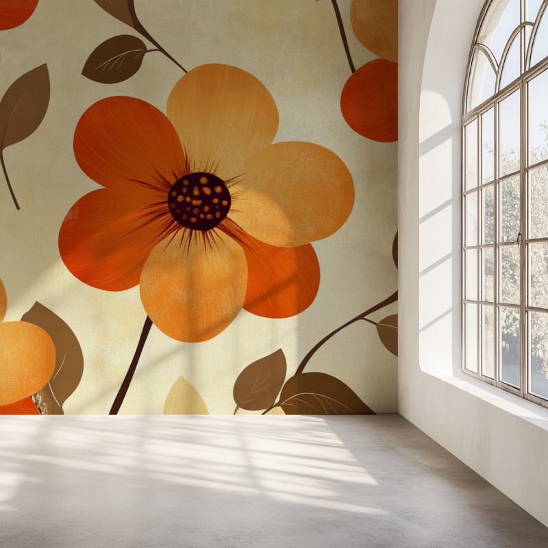 Papier peint vintage fleurs orange mur simple