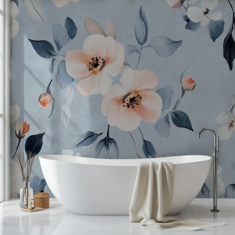 Papier peint fleur cerisier bleu sdb