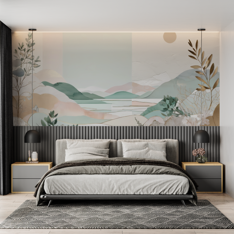 Papier peint aquarelle montagne lac mural adulte