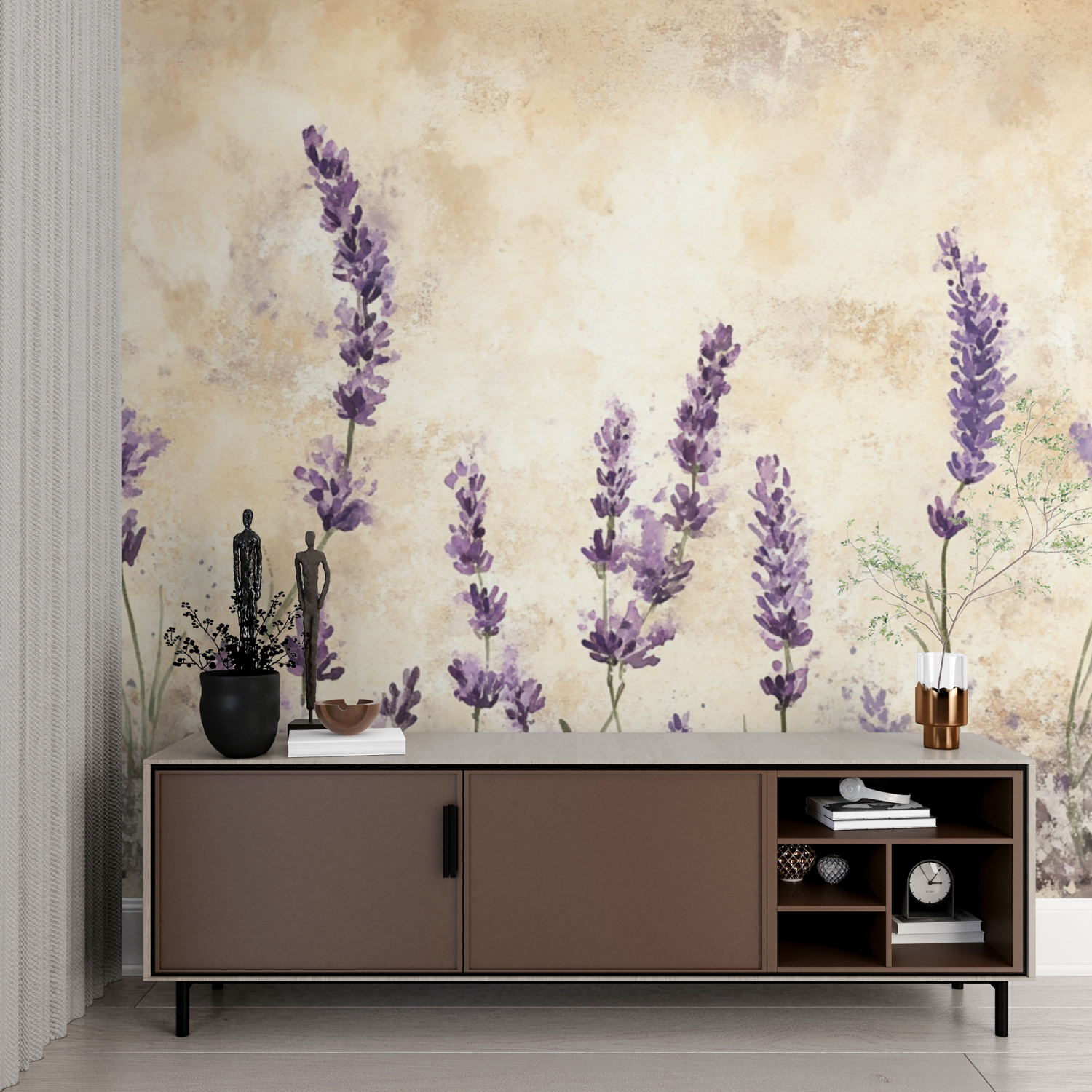 Papier peint aquarelle champ de lavande imprime