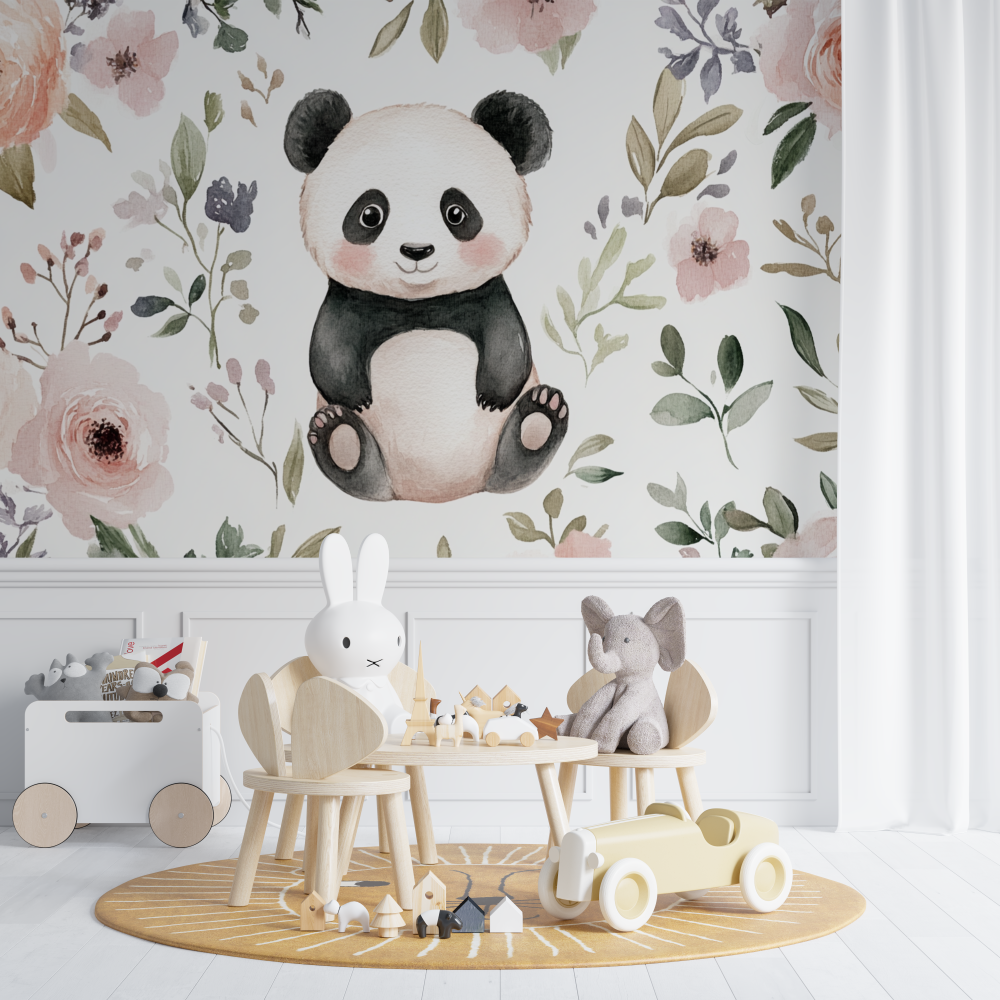 Papier peint panda et fleurs sauvages chambre de bebe