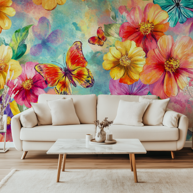Papier peint fleur et oiseau tropical canape simple