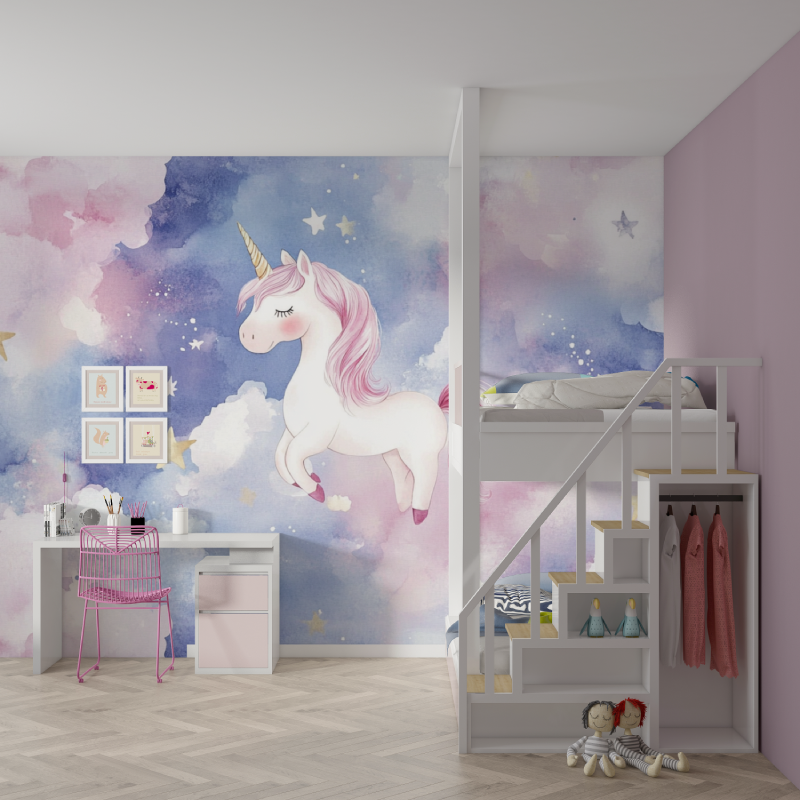 Papier peint licorne bebe reverie et nuage mur chambre fille