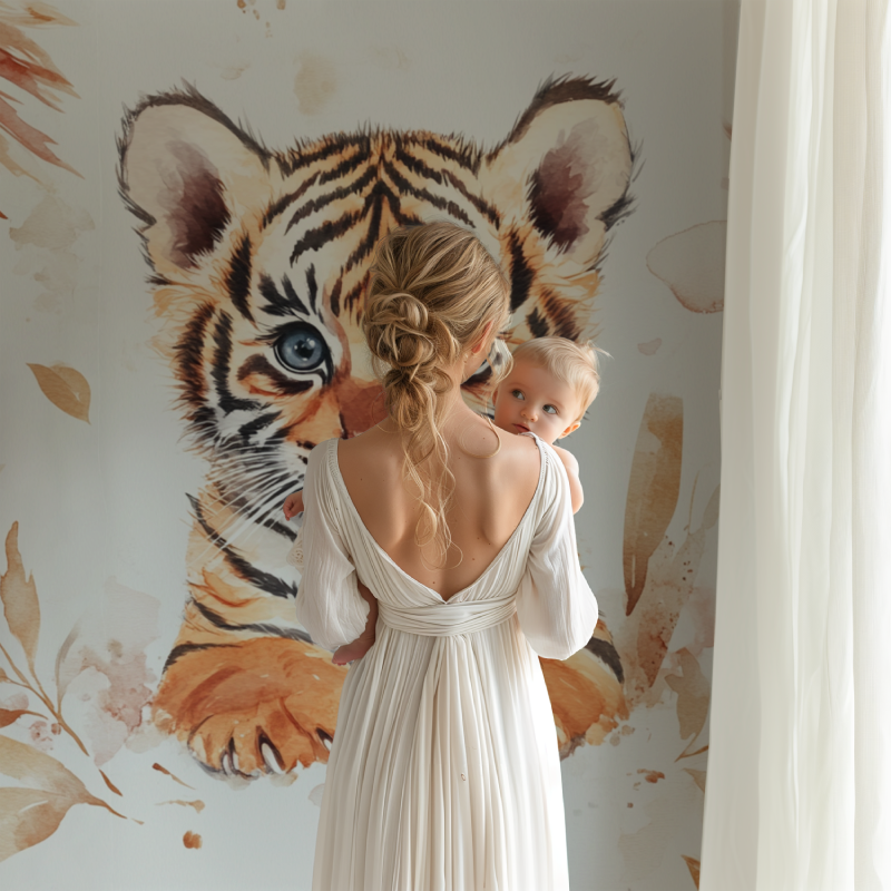 Papier peint tigre et plumes bohemes bb123