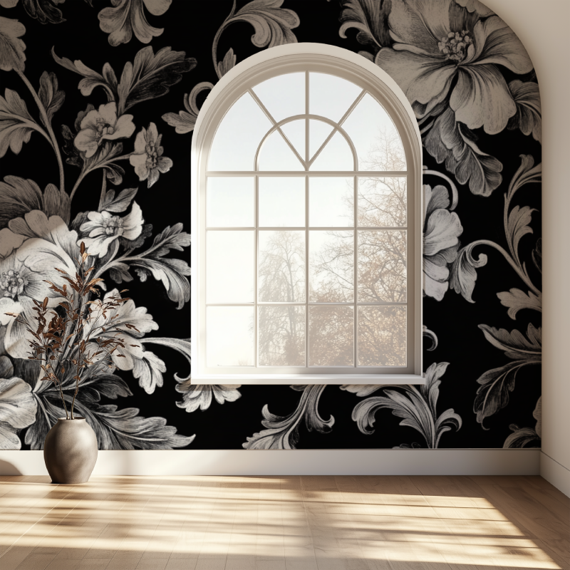 Papier peint fleur vintage noir blanc gris fenetre papier