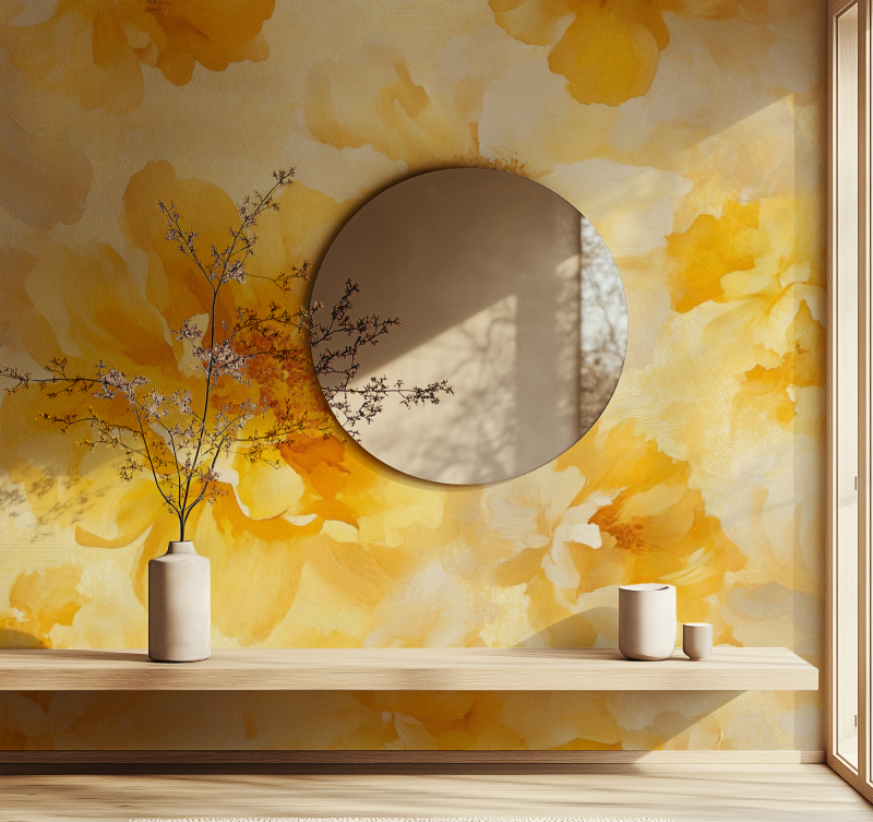Papier peint vintage jaune fleur miroir