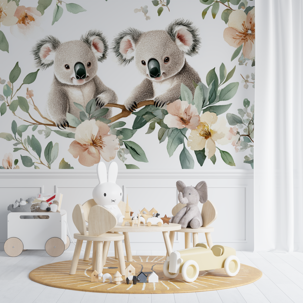 Papier peint koala dans un champ de fleurs chambre de bebe