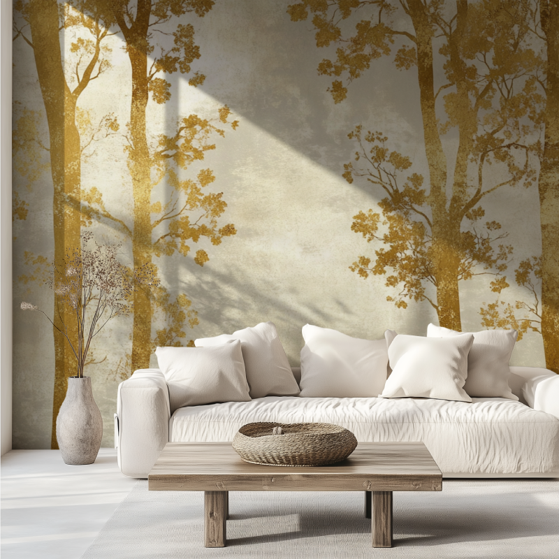 Papier peint arbre dore canape tendance