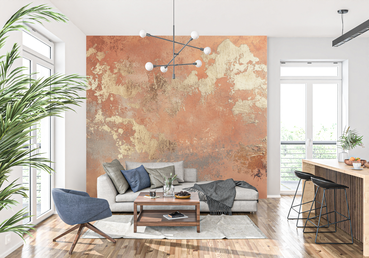 Papier peint terracotta reflets metallises dores tapisserie