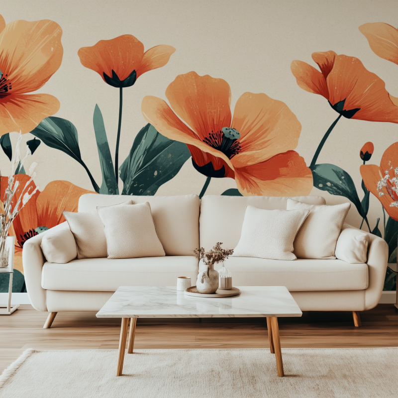 Papier peint vintage fleurs oranges canape simple