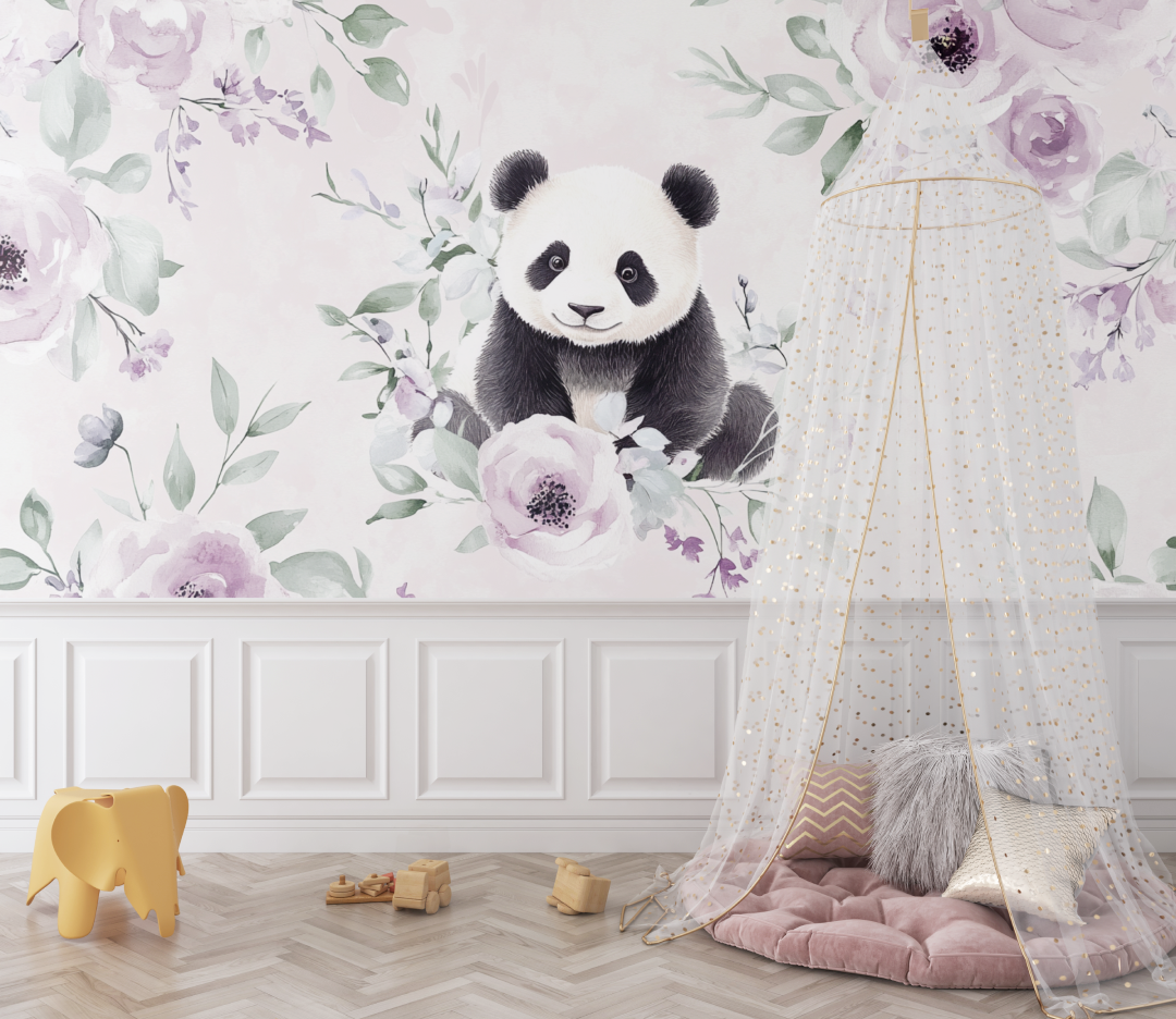 Papier peint panda et fleurs delicates bebe