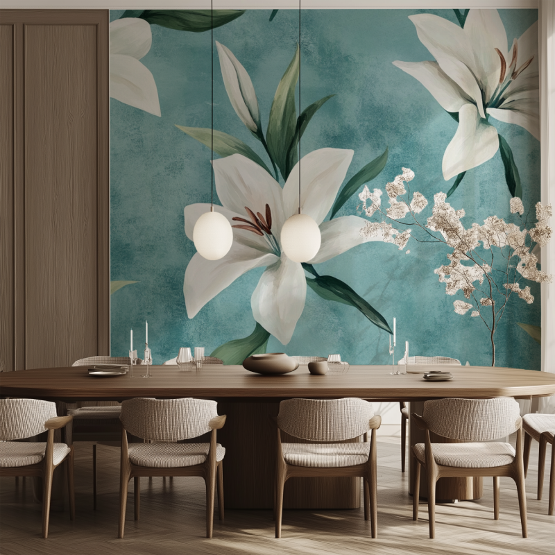Papier peint fleur lys salle manger tendance