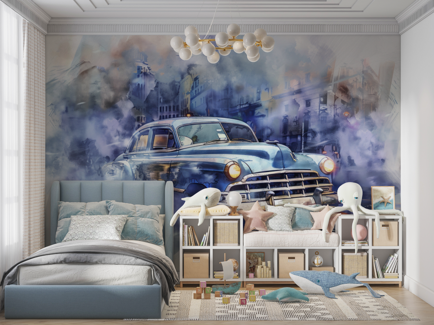 Papier peint bleue voiture cuba...uarelle panoramique garcon