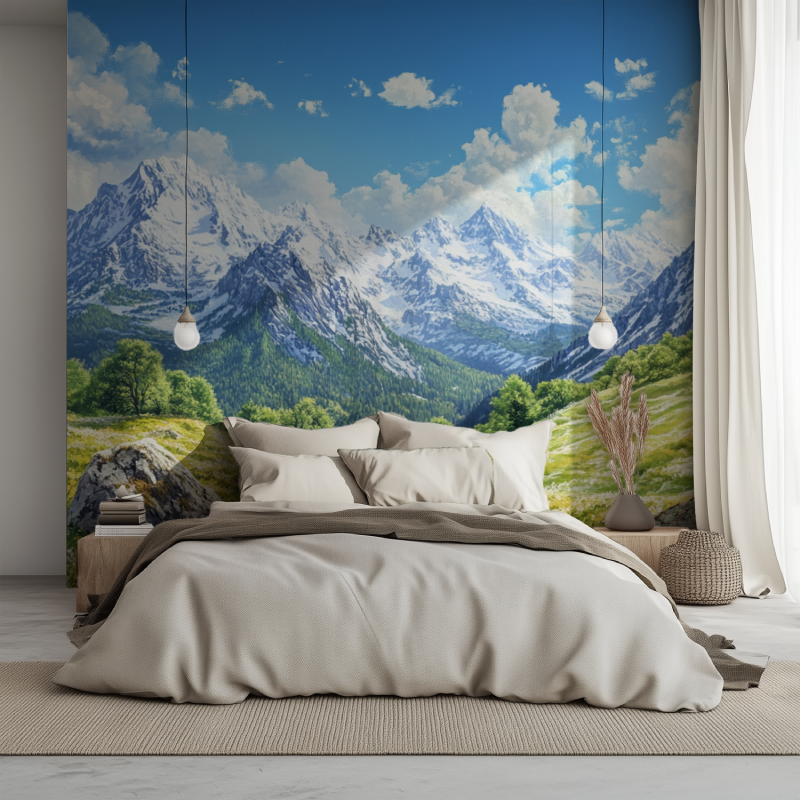 Papier peint trompe loeil montagne lit 1234