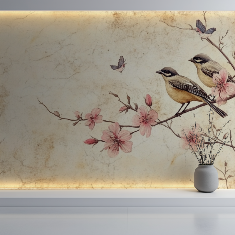 Papier peint vintage fleur et oiseau mur blanc