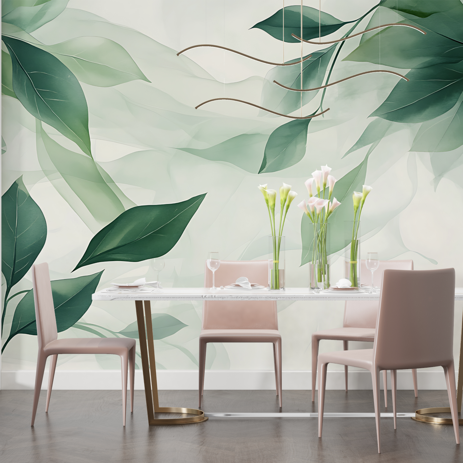 Papier peint aquarelle feuilles vertes salon