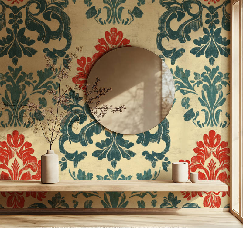 Papier peint vintage rouge et turquoise miroir