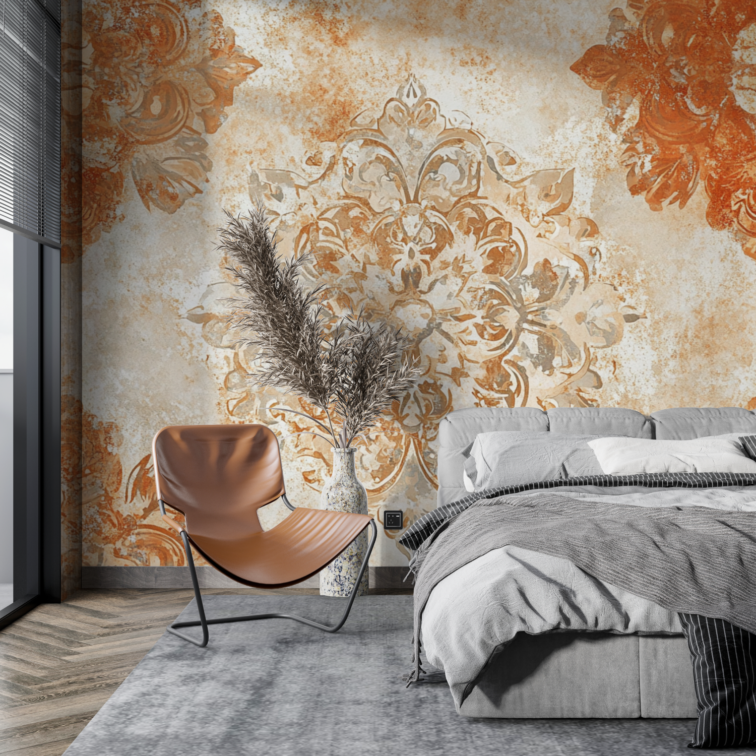 Papier peint terracotta avec ar...ues dorees tapisserie pano