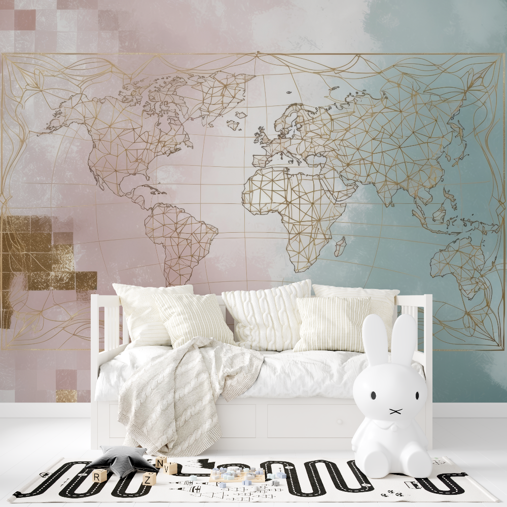 Papier peint carte du monde geo...ique rose tapisserie fille
