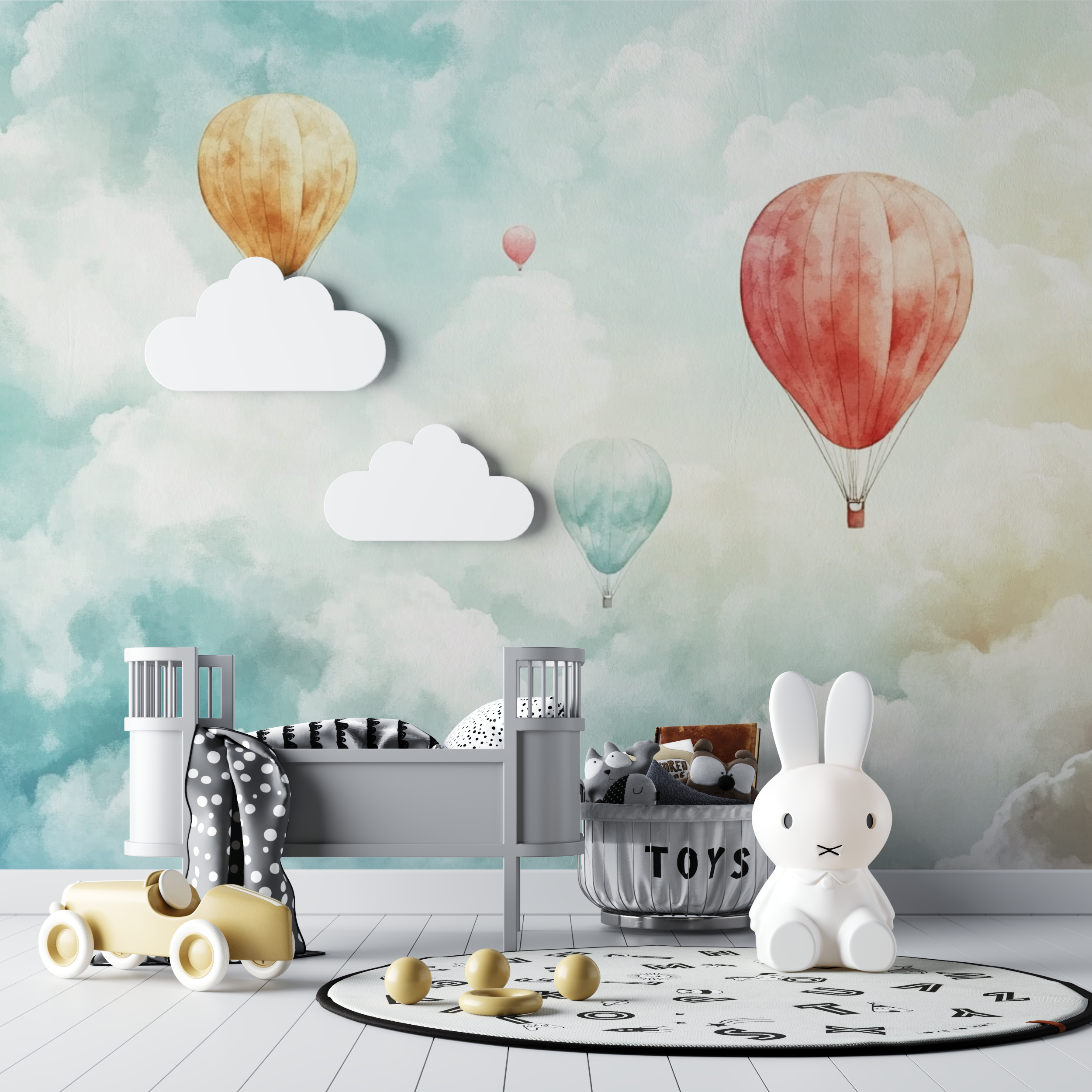 Papier peint montgolfiere et nuages en coton bebe tipi