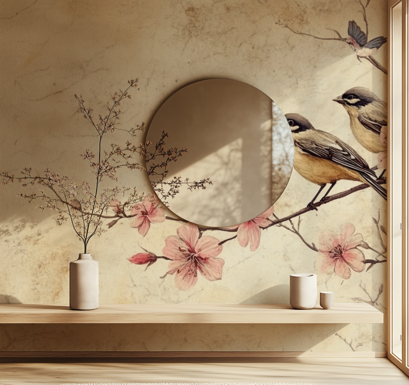 Papier peint vintage fleur et oiseau miroir