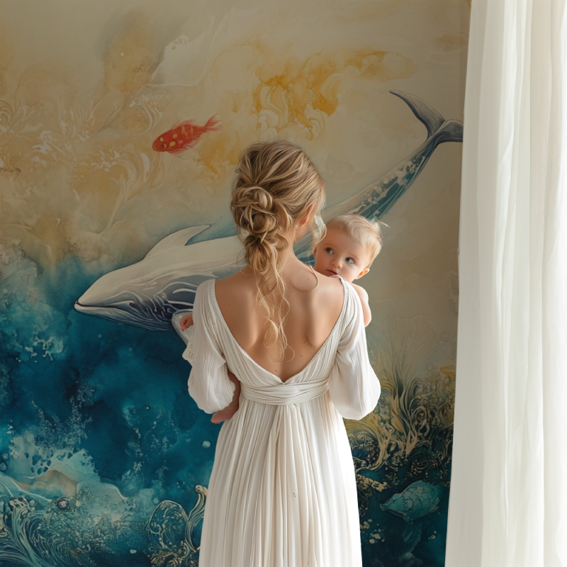 Papier peint baleine aquarelle multicolore bb123