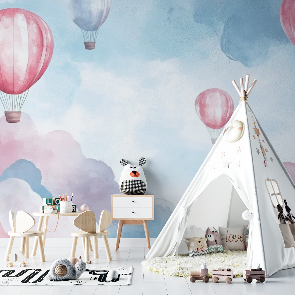 Papier peint montgolfiere et ciel de printemps chambre bebe