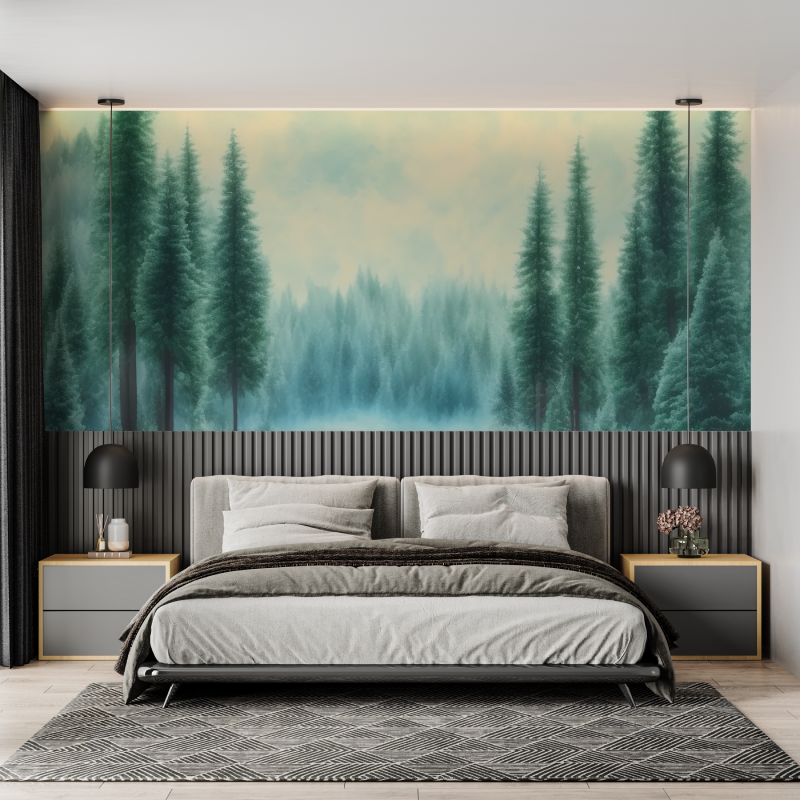 Papier peint aquarelle foret sapins mural adulte