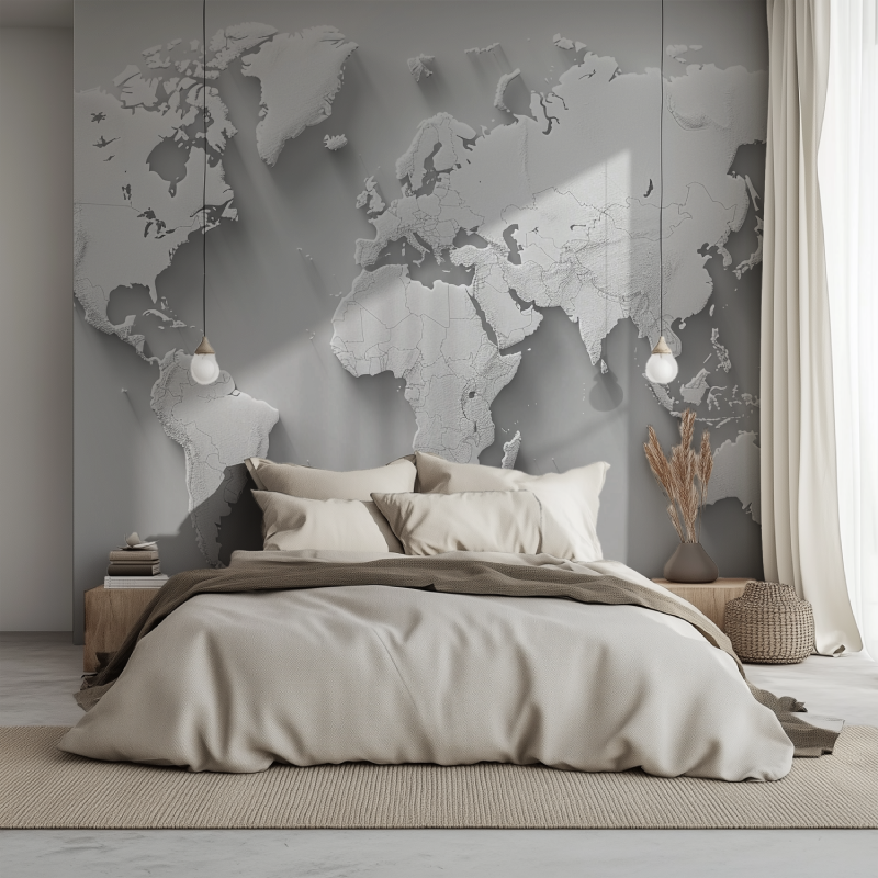 Papier peint carte du monde blanc lit 1234