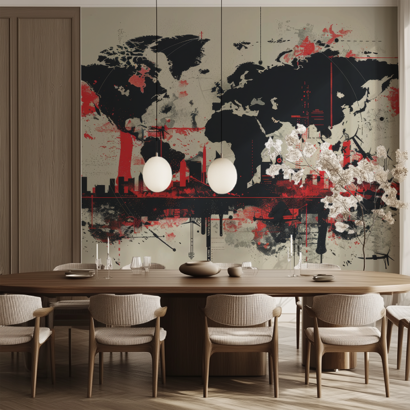 Papier peint carte du monde gra...ouge salle manger tendance