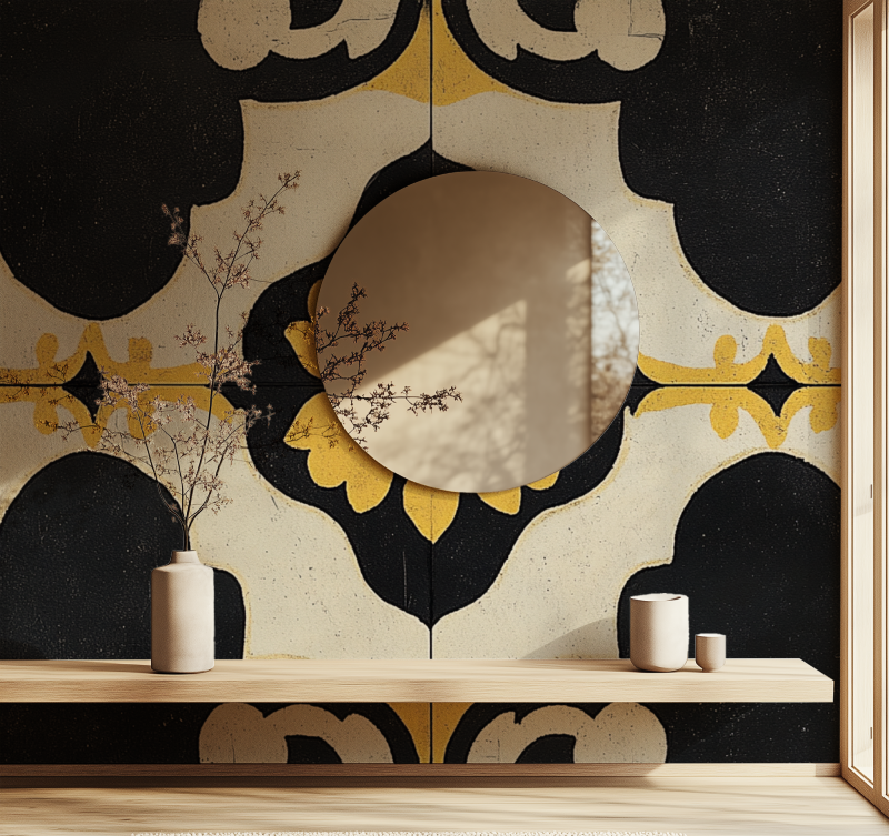 Papier peint vintage jaune moutarde et noir miroir