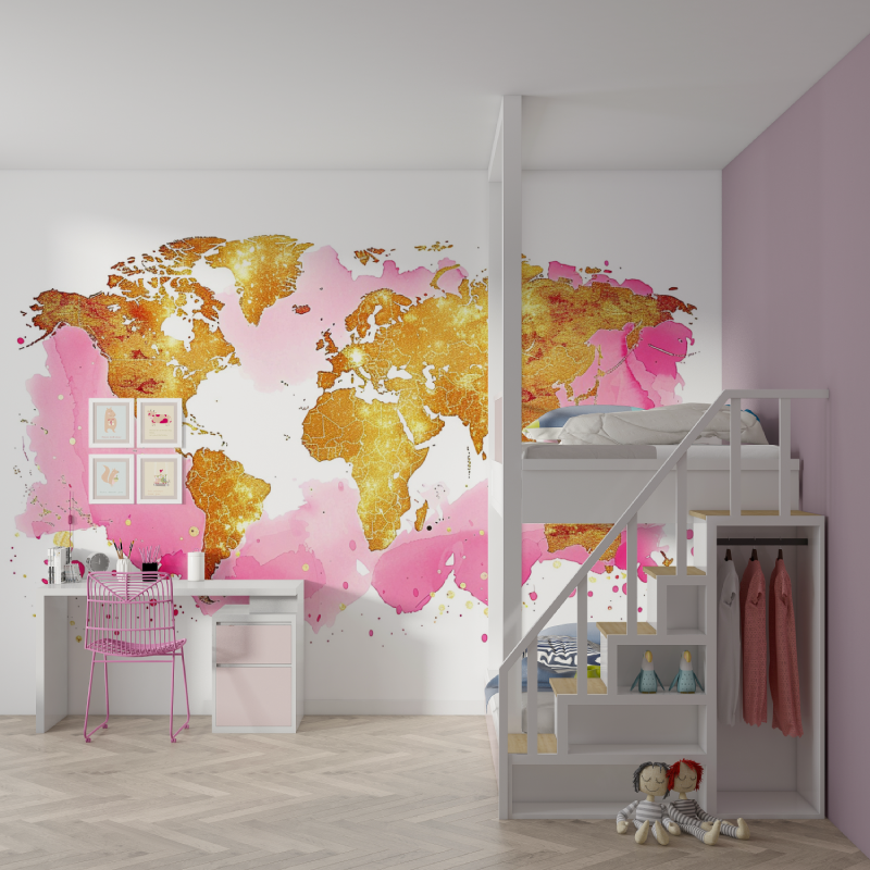 Papier peint carte du monde rose gold mur chambre fille