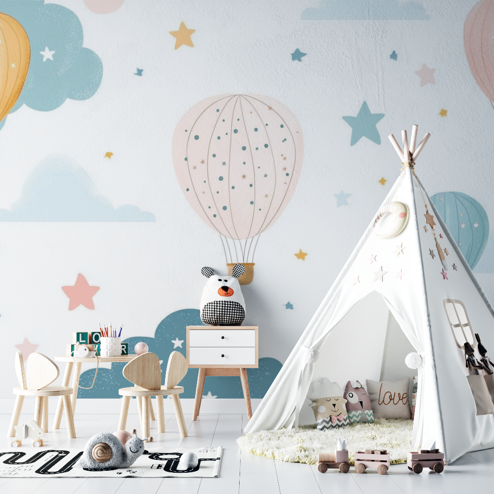 Papier peint montgolfiere et etoiles dorees chambre bebe