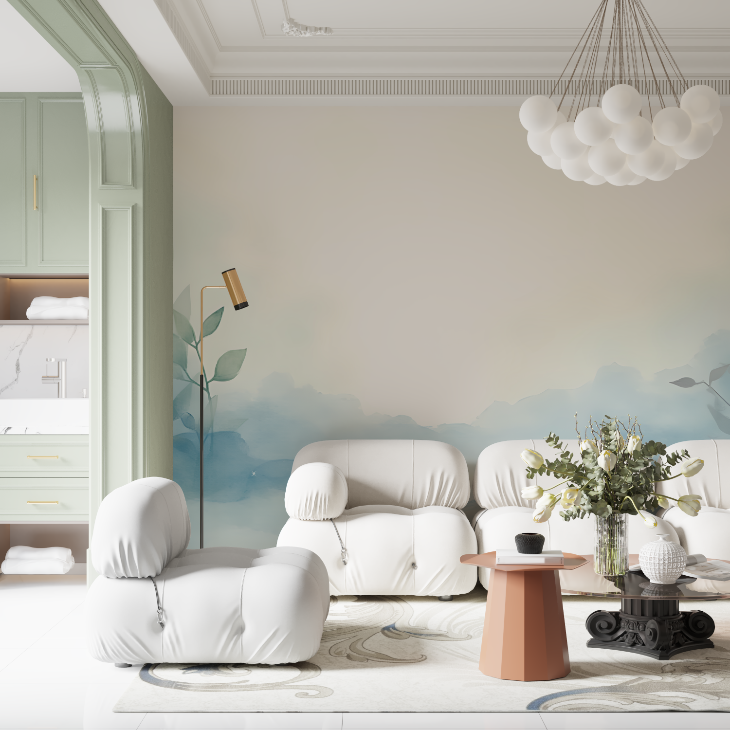 Papier peint aquarelle botanique bleu contemporain