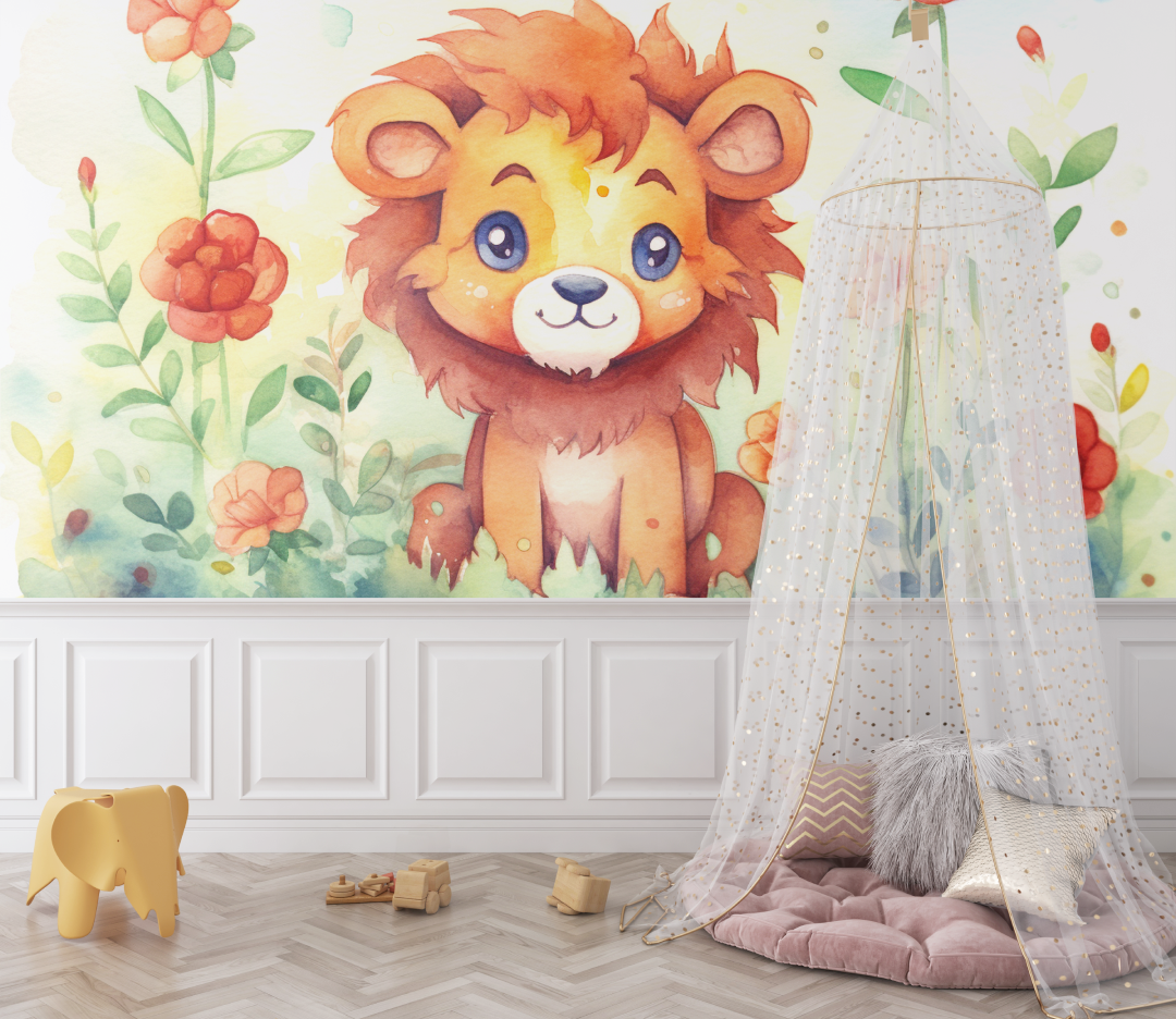 Papier peint lion et fleurs enchantees bebe