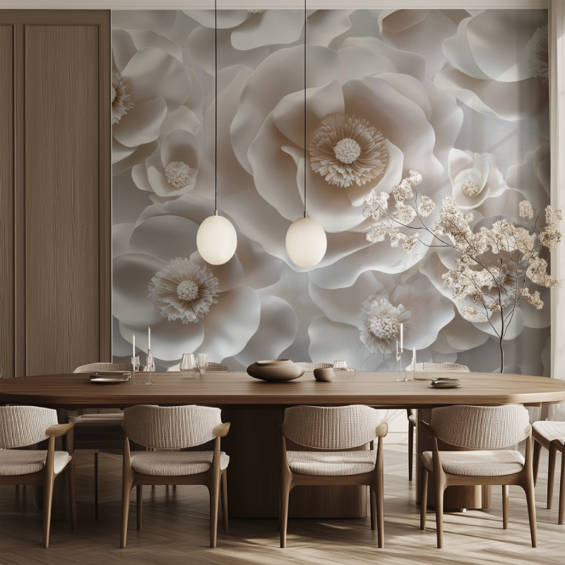 Papier peint fleur blanche en relief salle manger tendance