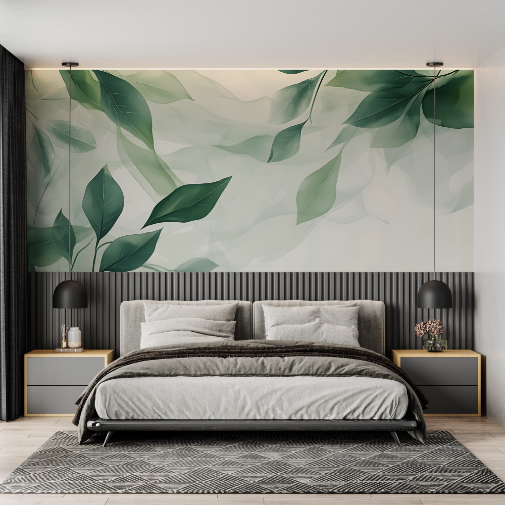 Papier peint aquarelle feuilles vertes chambre adulte