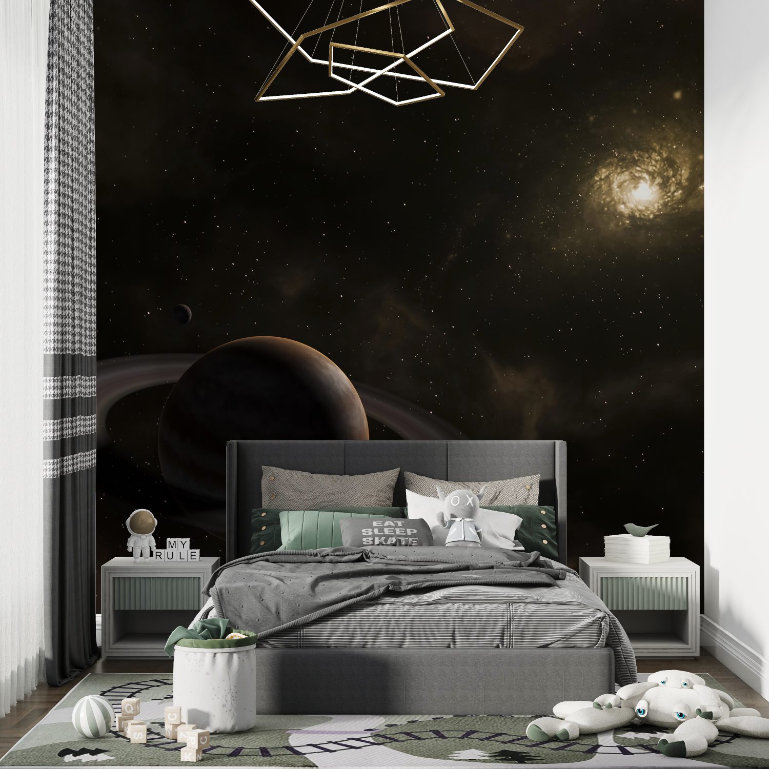 Papier peint espace lune saturne chambre de garcon