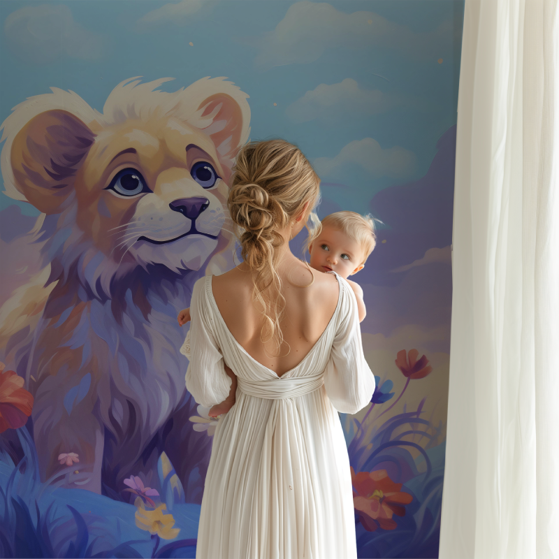 Papier peint lion et nuages pastel bb123