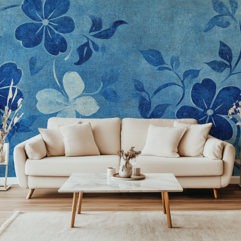 Papier peint vintage fleurs bleue canape simple