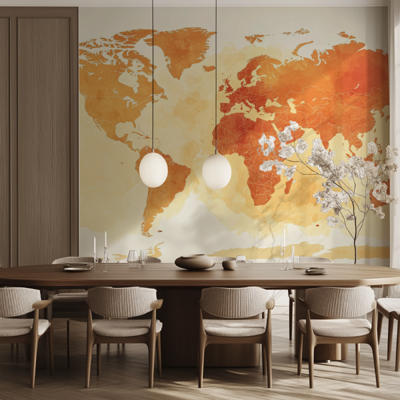 Papier peint carte du monde terracotta salle manger tendance