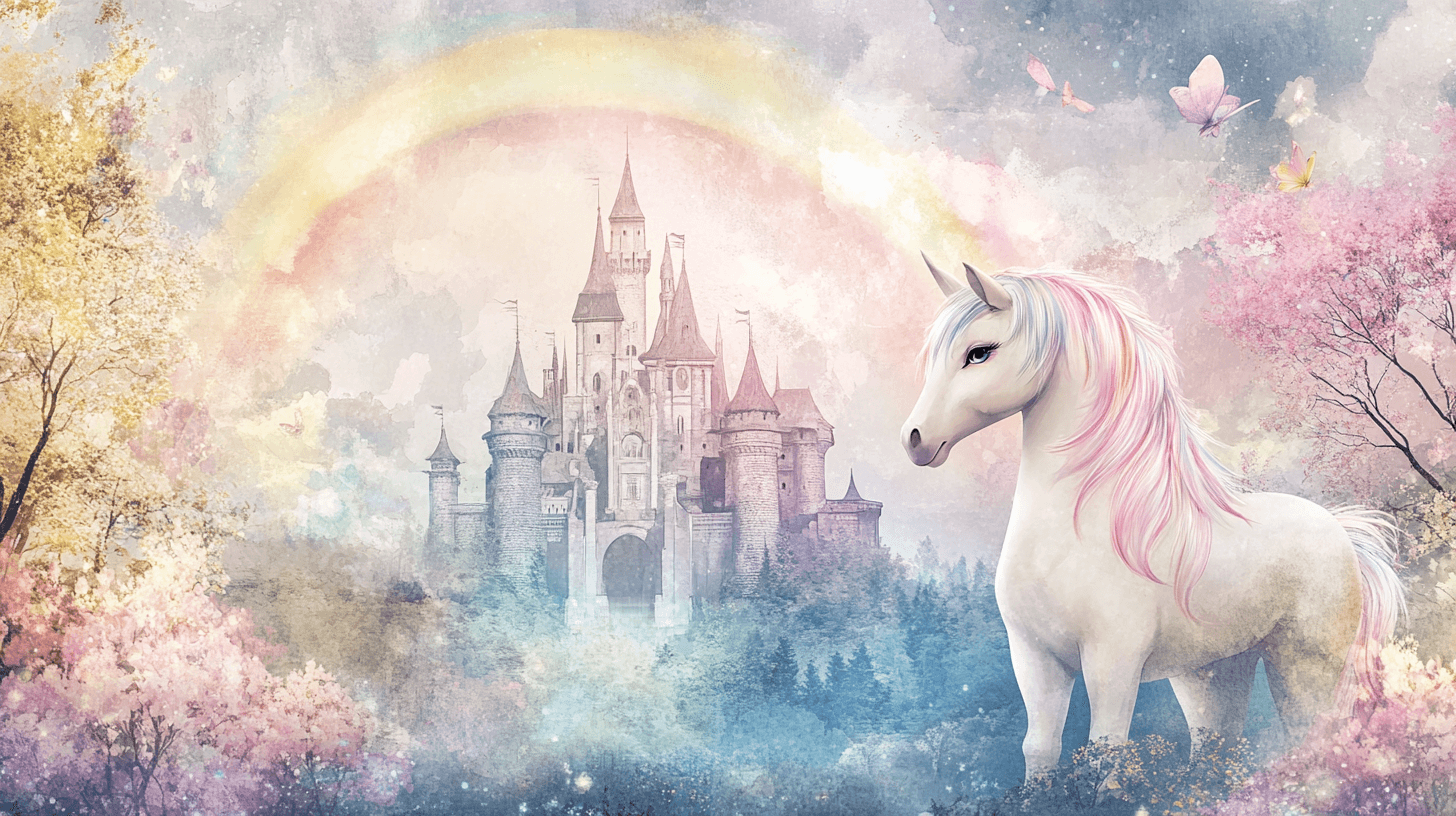 Papier Peint Chambre Petite Fille Licorne Château Et Arc-En-Ciel