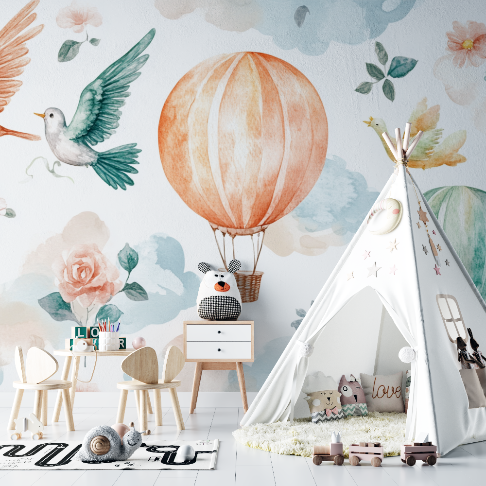 Papier peint montgolfiere et oiseaux exotiques chambre bebe