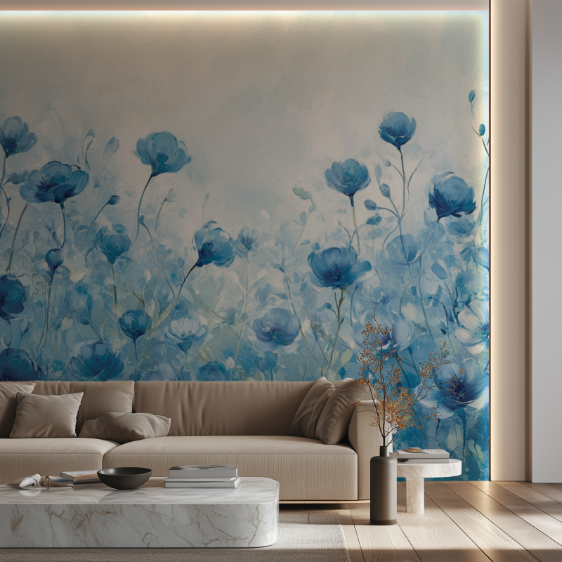 Papier peint fleur bleue canape neon
