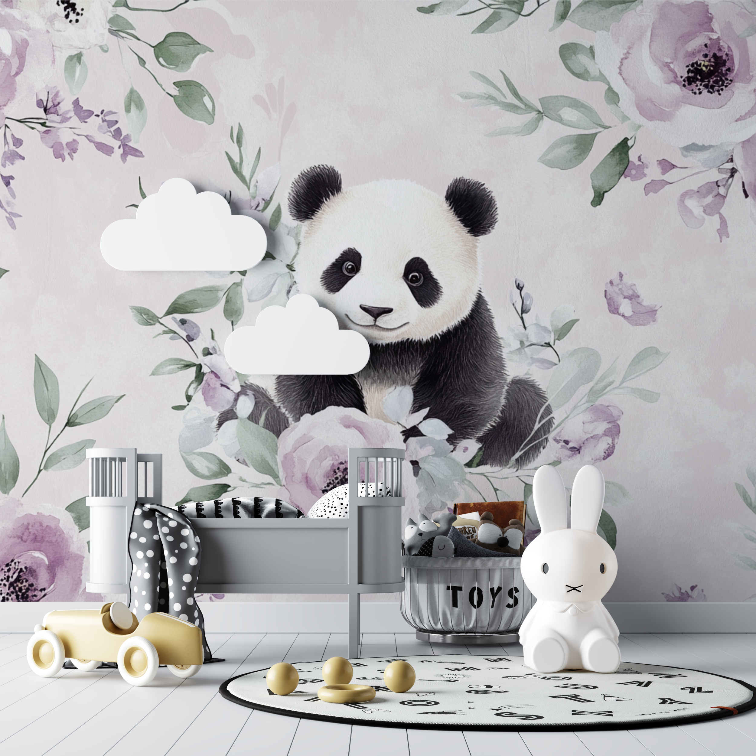 Papier peint panda et fleurs delicates bebe tipi