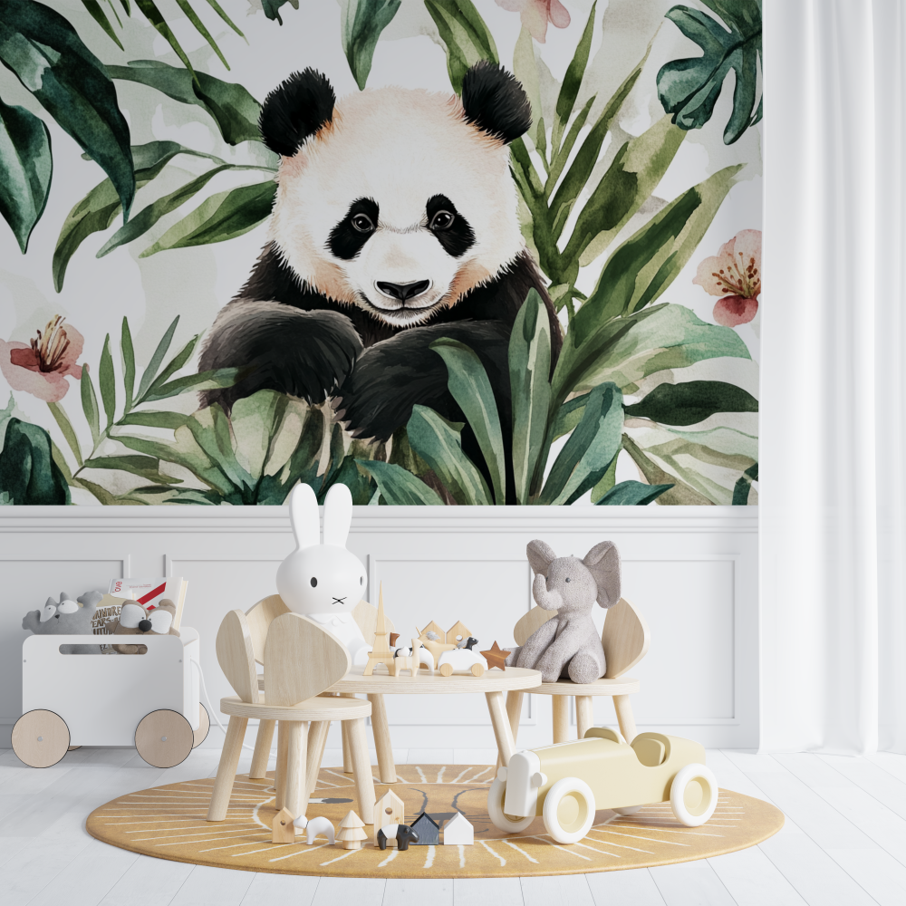 Papier peint panda et feuillage tropical chambre de bebe