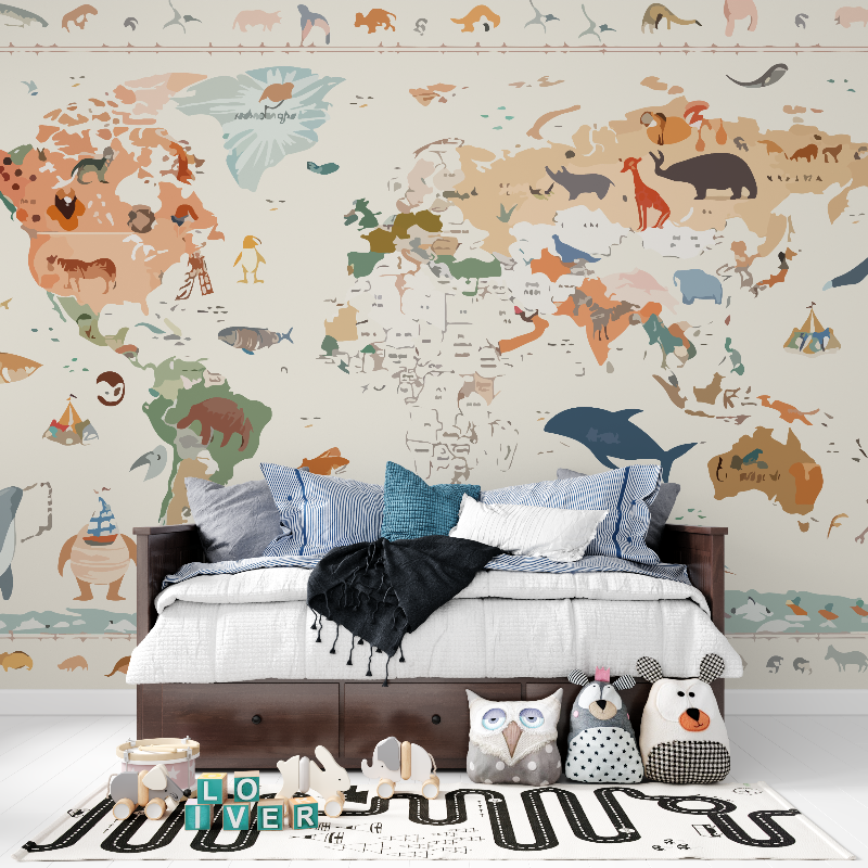 Papier peint carte du monde ani... enfant panoramique garcon