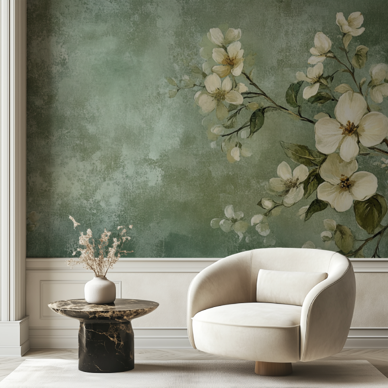 Papier peint vintage fleurs vert chaise tendance