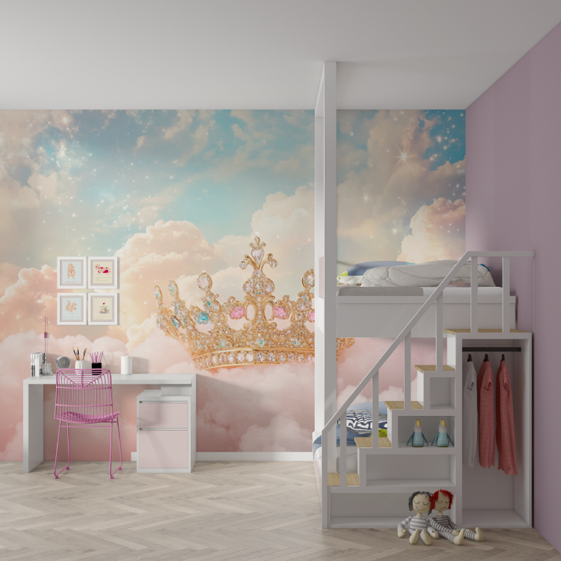 Papier peint grosse couronne rose mur chambre fille