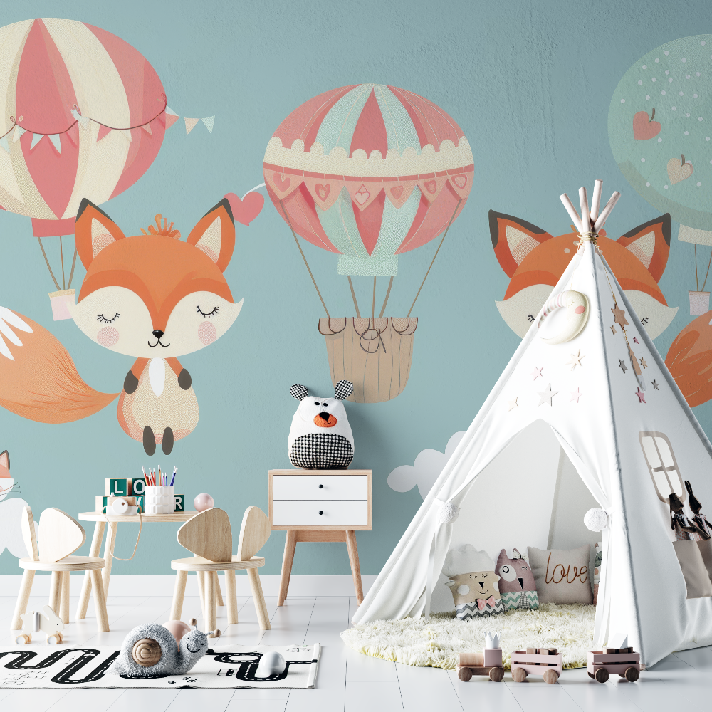 Papier peint renard et montgolfiere chambre bebe
